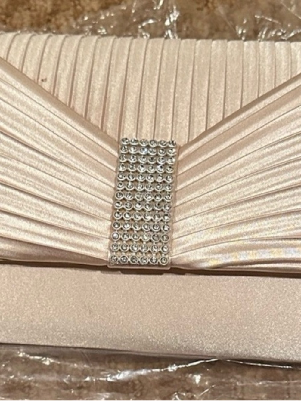 Jessica McClintock Ivory Pleated Bow Clutch with Rhinestone Buckle